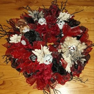 Homemade creepy doll head wreath